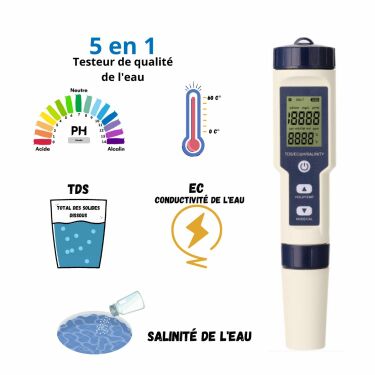 5-en-1 Testeur numérique de qualité de l'eau CHENDYY pour Tester Le  TDS/EC/Salinity/SG./Température de Haute précision, Test pour Eau Potable,  Maison, Piscine